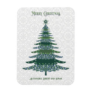 Elegant Christmas Tree Green White Personalised Magnet