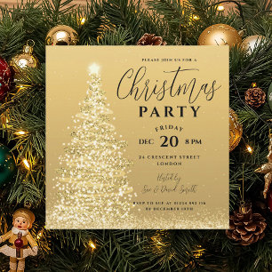 Elegant Christmas Tree Party Gold Holiday Invitation
