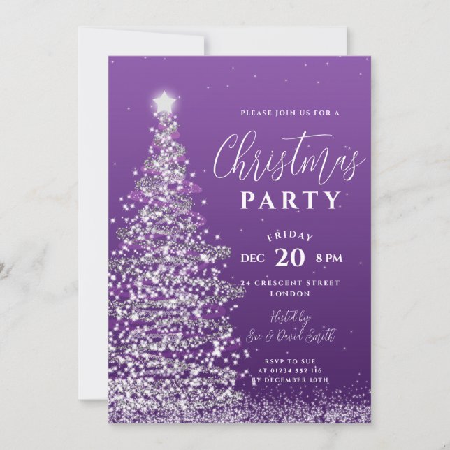 Elegant Christmas Tree Party Silver Purple Holiday Invitation (Front)