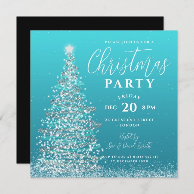 Elegant Christmas Tree Party Silver Teal Holiday  Invitation (Front/Back)