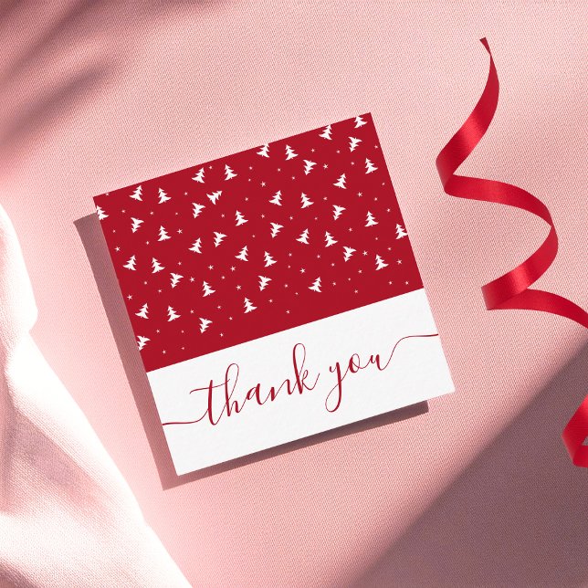 Elegant Christmas Tree Pattern Red Thank You Snow Square Business Card (Creator Uploaded)