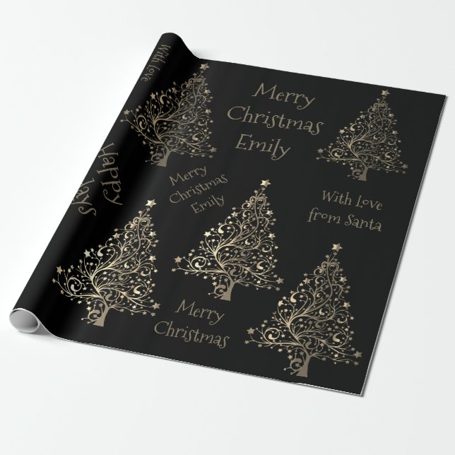 Elegant Christmas Tree Pattern with Name Black Wrapping Paper (Unrolled)