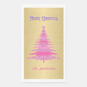 Elegant Christmas Tree Pink Gold Name Ornaments Napkin