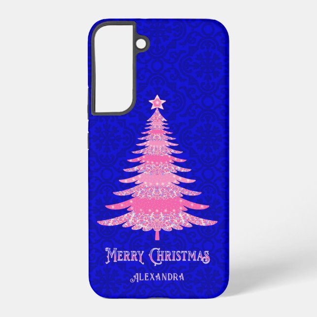 Elegant Christmas Tree Pink Personalised Sparkle Samsung Galaxy S22+ Case (Back)