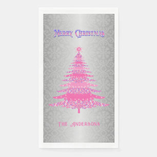 Elegant Christmas Tree Pink Silver Name Ornaments Napkin