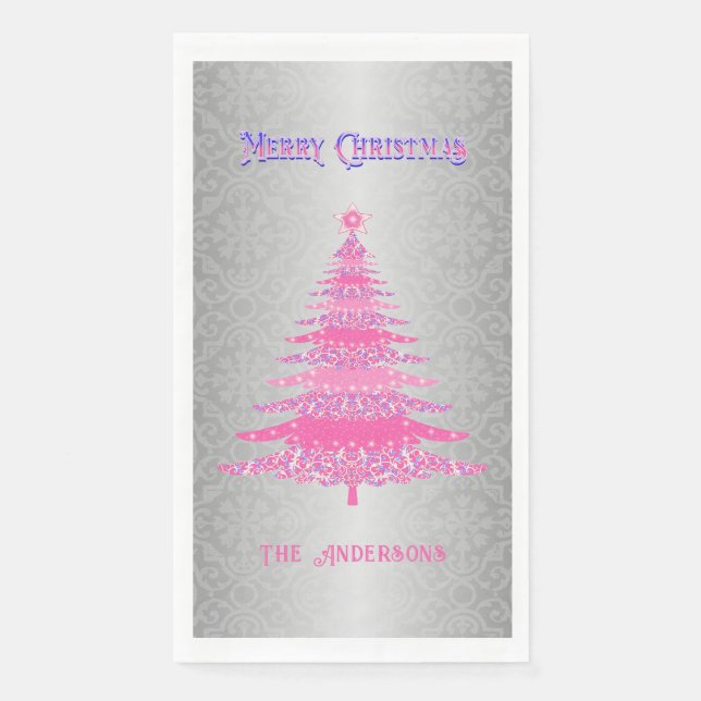 Elegant Christmas Tree Pink Silver Name Ornaments Napkin (Front)