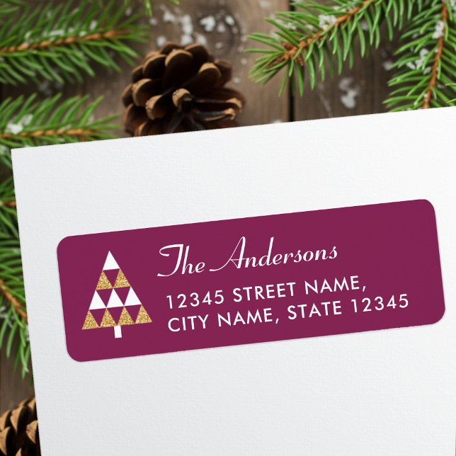 Elegant Christmas Tree Plum Gold Return Address (Creator Uploaded)
