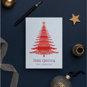 Elegant Christmas Tree Red Blue Personalised Holiday Card