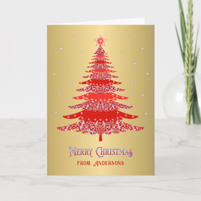 Elegant Christmas Tree Red Gold Custom Name Holiday Card (Front)