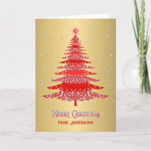 Elegant Christmas Tree Red Gold Custom Name Holiday Card