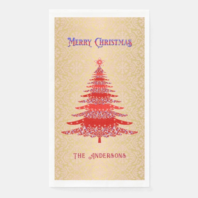 Elegant Christmas Tree Red Gold Name Ornaments Napkin (Front)