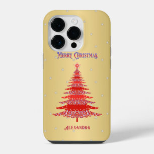 Elegant Christmas Tree Red Name Snowflakes Gold iPhone 14 Pro Case