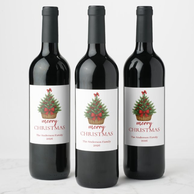 Elegant Christmas Tree – Red Ribbon  Wine Label (Bottles)
