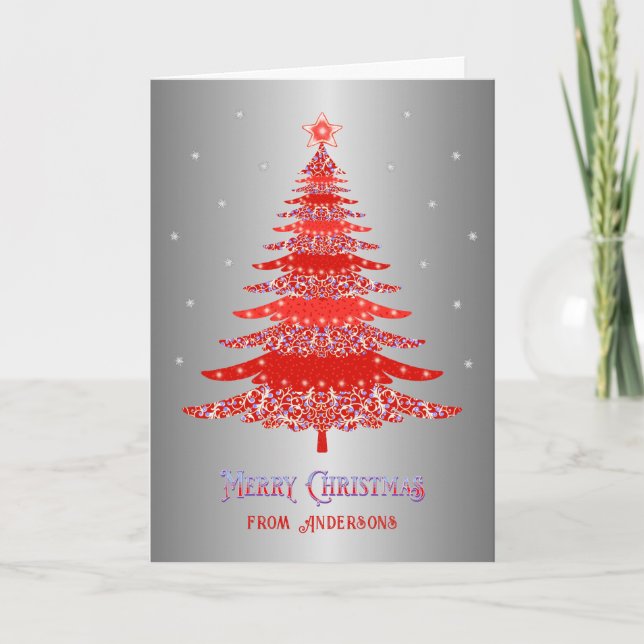 Elegant Christmas Tree Red Silver Custom Name Holiday Card (Front)
