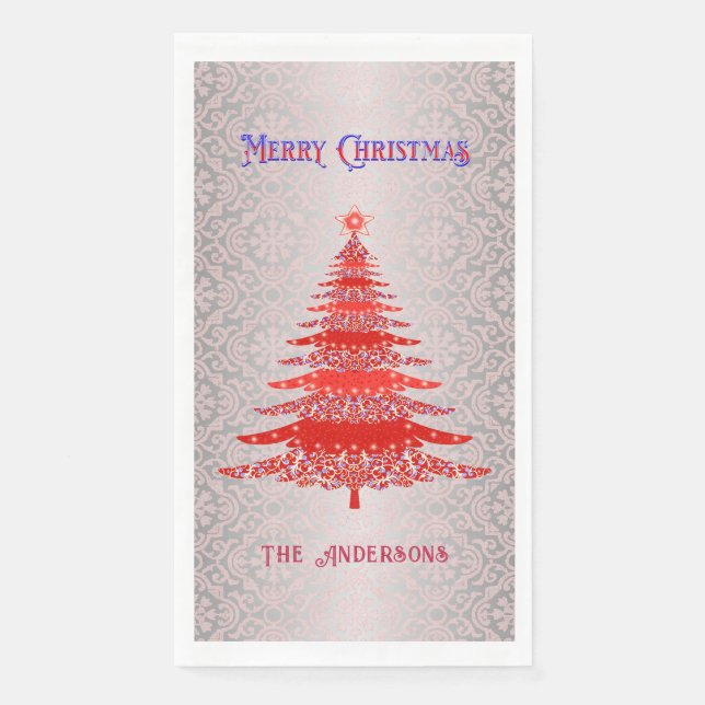 Elegant Christmas Tree Red Silver Name Ornaments Napkin (Front)