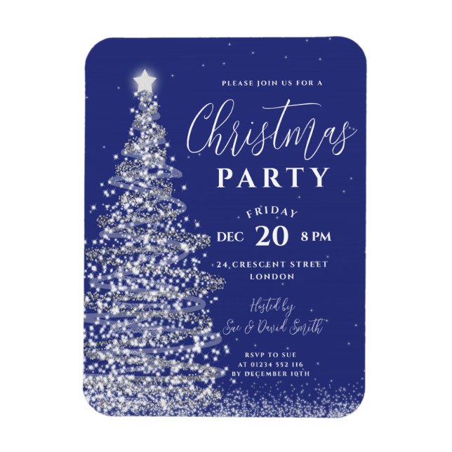 Elegant Christmas Tree Silver Navy Holiday Invite Magnet (Vertical)