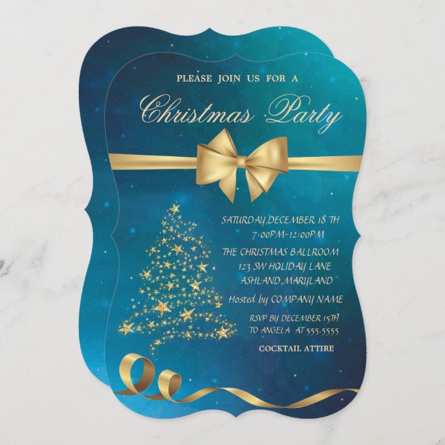 Elegant Christmas Tree Stars Bow Christmas Party Invitation (Front/Back)