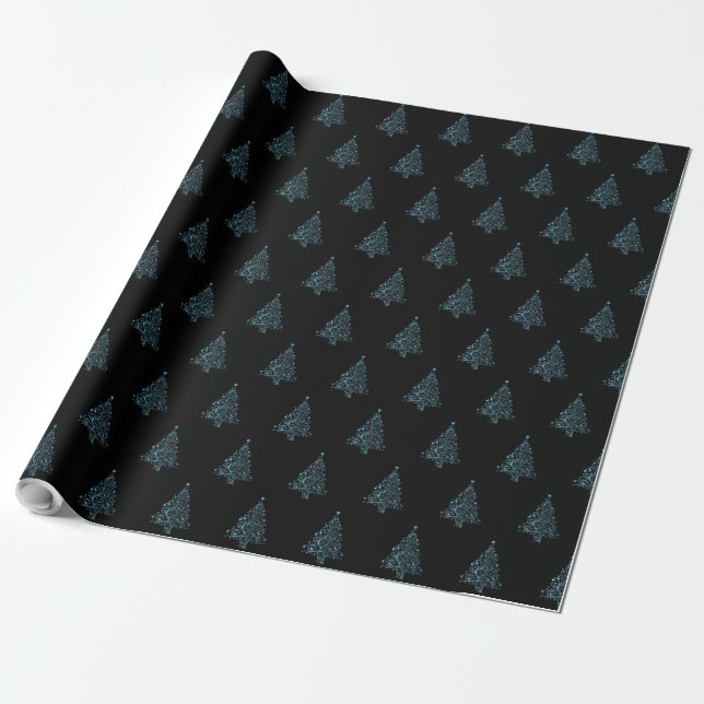 Elegant Christmas Tree Striped Pattern Black Blue Wrapping Paper (Unrolled)