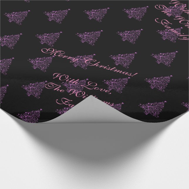 Elegant Christmas Tree Striped Pattern Black Pink Wrapping Paper (Corner)