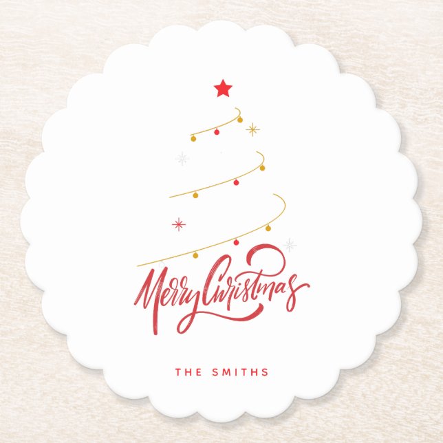 Elegant Christmas Tree Typography Script  Paper Coaster (Front)