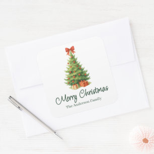 Elegant Christmas Tree with Red Bow & Presents - Square Sticker