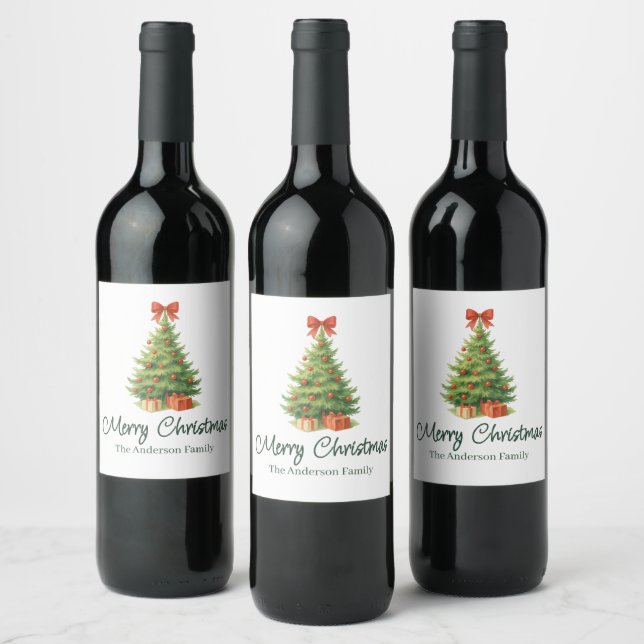 Elegant Christmas Tree with Red Bow & Presents -  Wine Label (Bottles)