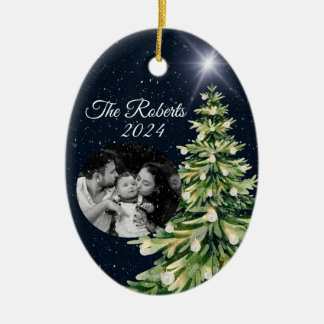 Elegant Christmas Trees Dark Blue Family Photo Ceramic Tree Decoration