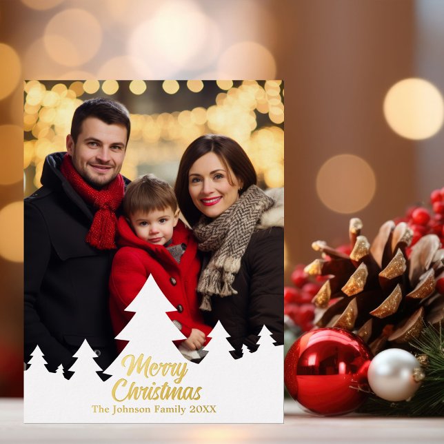 Elegant Christmas Trees Family Photo Gold Foil Holiday Postcard (Creator Uploaded)