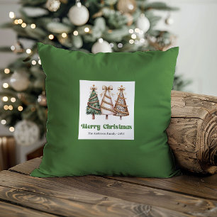 Elegant Christmas Trees Green Gold Personalized  Cushion