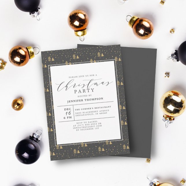 Elegant Christmas Trees Grey & Gold Holiday Party Invitation (Creator Uploaded)