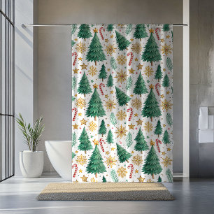 Elegant Christmas Trees Red Green Gold Bathroom Shower Curtain