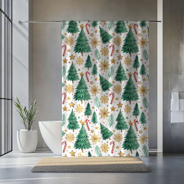 Elegant Christmas Trees Red Green Gold Bathroom Shower Curtain (Elegant Christmas Trees Red Green Gold Bathroom Shower Curtain)
