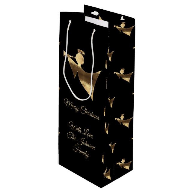 Elegant Christmas Trumpet Angel Black Gold Look Wine Gift Bag (Front Angled)
