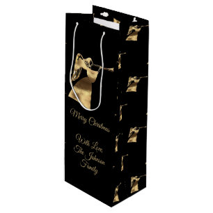 Elegant Christmas Trumpet Angel Black Gold Look Wine Gift Bag