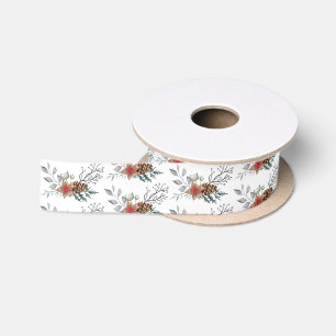 Elegant Christmas Watercolor Botanical Holiday Satin Ribbon