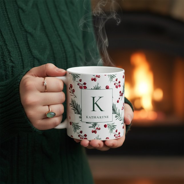 Elegant Christmas Watercolor Botanical Monogram Coffee Mug (Elegant Christmas Watercolor Botanical Monogram Coffee Mug)