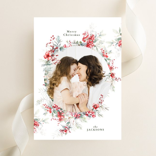 elegant christmas watercolor botanical oval photo holiday card (Creator Uploaded)