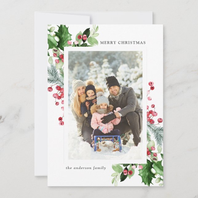Elegant Christmas Watercolor Botanical Photo Holiday Card (Front)