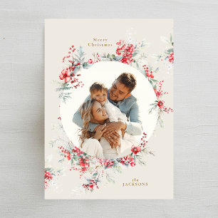 elegant christmas watercolor foliage oval photo holiday card