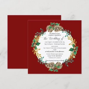 Elegant Christmas Watercolor Gold Pine Cone Wreath Invitation