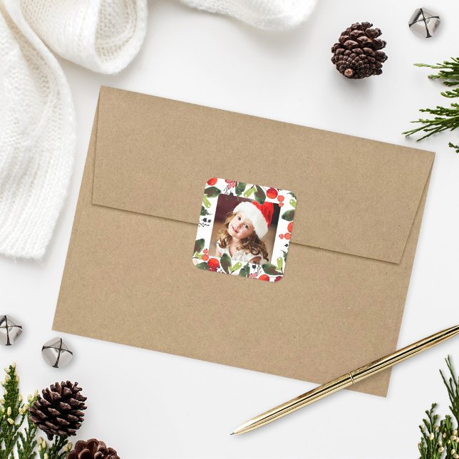 Elegant Christmas Watercolor Greenery Photo Square Sticker (Creator Uploaded)