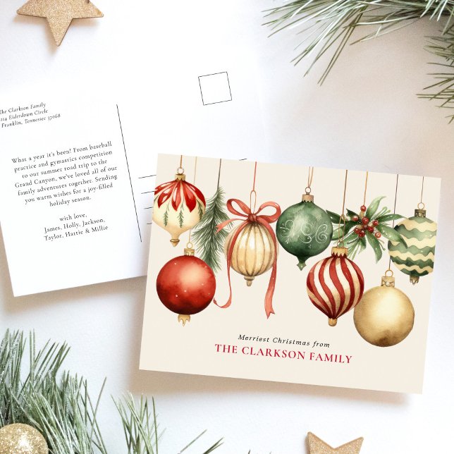 Elegant Christmas Watercolor Ornaments Holiday Postcard (Creator Uploaded)