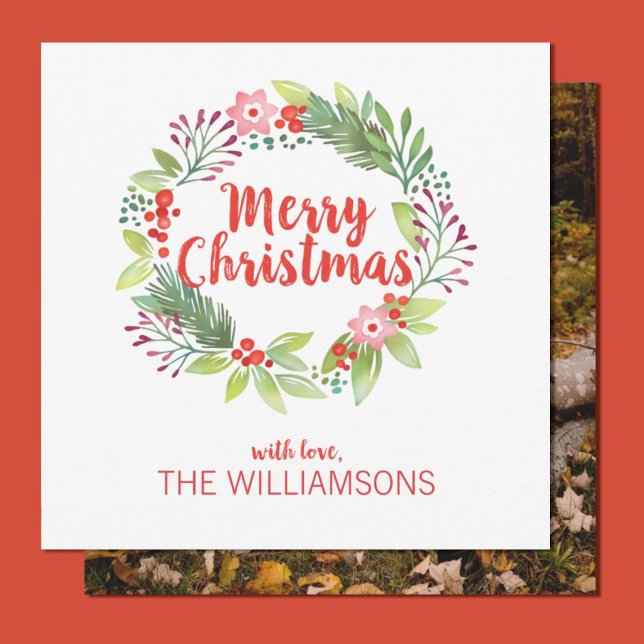 Elegant Christmas Watercolor Wreath Photo Card (A pretty watercolor wreath photo Christmas card.)