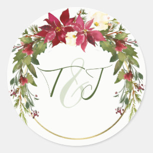 Elegant Christmas Wedding Red Poinsettia Greenery  Classic Round Sticker