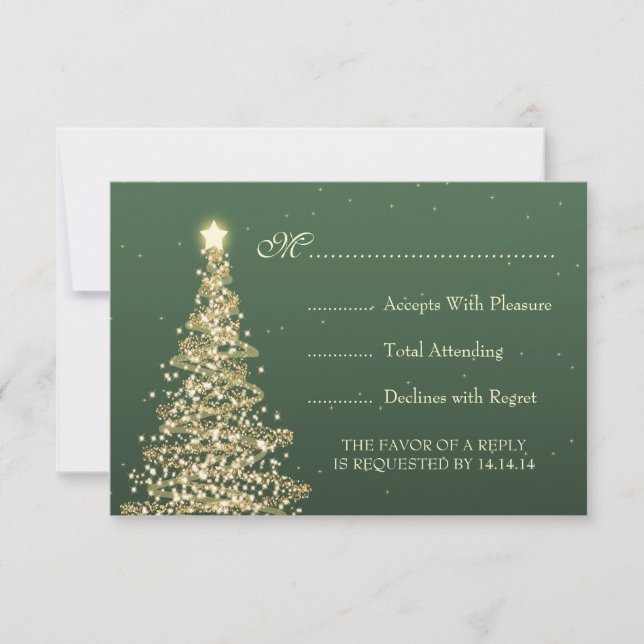 Elegant Christmas Wedding RSVP Gold Green Card (Front)