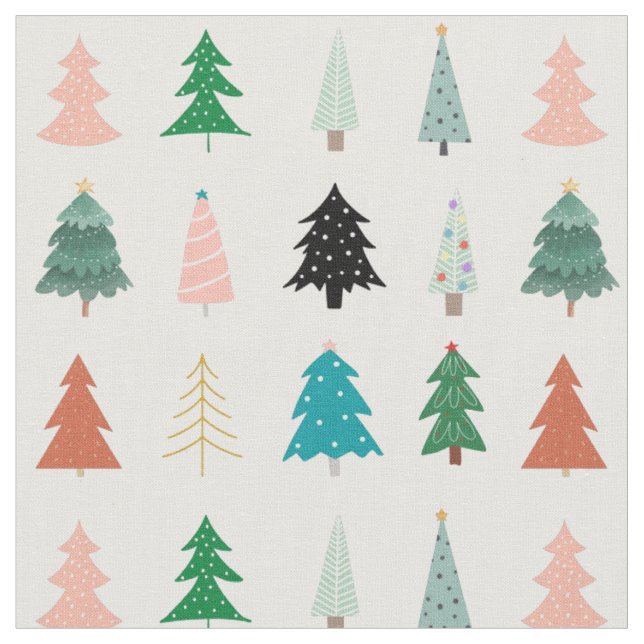 Elegant Christmas white background green trees  Fabric (Close Up)