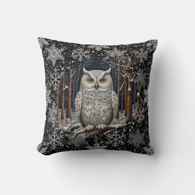 Elegant Christmas white owl woodland winter forest Cushion (Front)