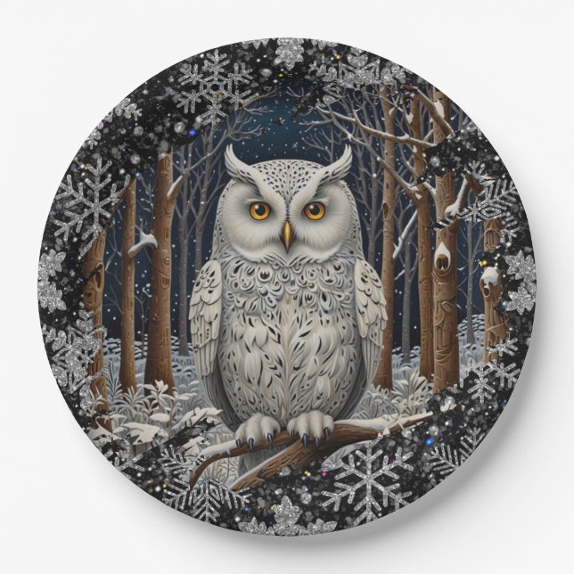 Elegant Christmas white owl woodland winter forest Paper Plate (Front)