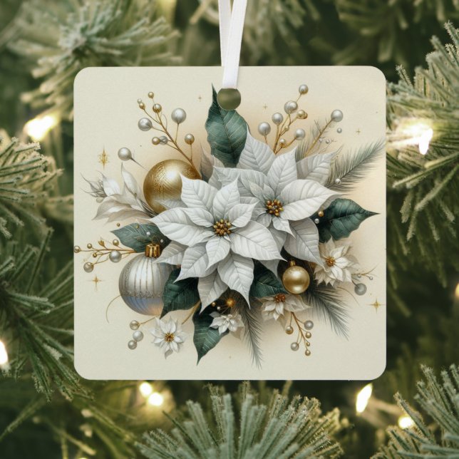 Elegant Christmas White Poinsettia with Gold  Metal Tree Decoration (Insitu)