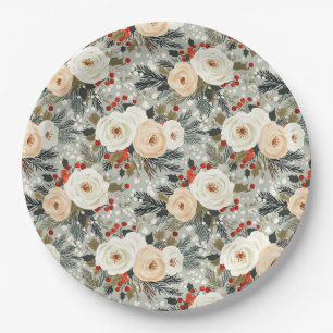 Elegant Christmas White Roses & Red Winter Berry  Paper Plate